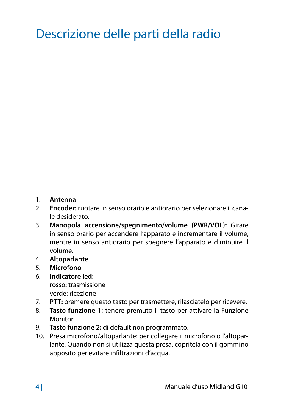 Descrizione delle parti della radio | MIDLAND G10 User Manual | Page 6 / 98