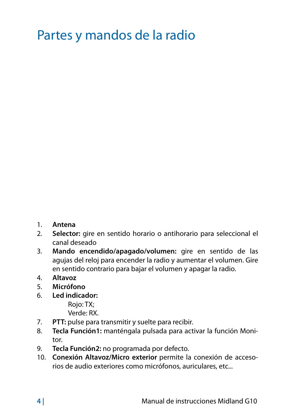 Partes y mandos de la radio | MIDLAND G10 User Manual | Page 66 / 98