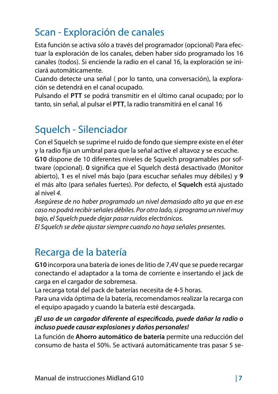 Scan - exploración de canales, Squelch - silenciador, Recarga de la batería | MIDLAND G10 User Manual | Page 69 / 98