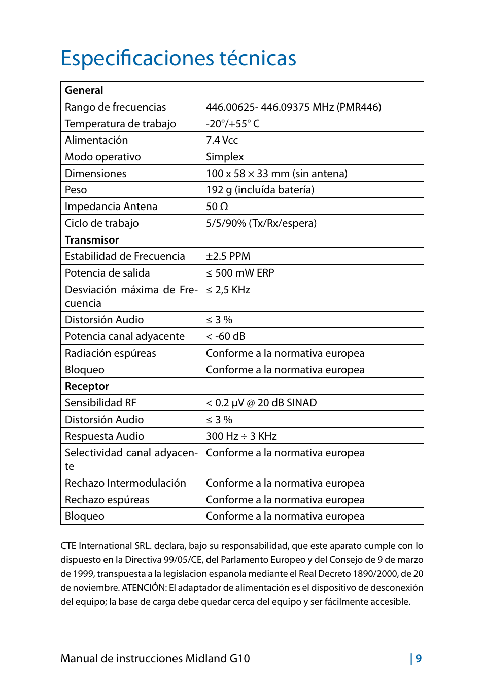 Especificaciones técnicas | MIDLAND G10 User Manual | Page 71 / 98