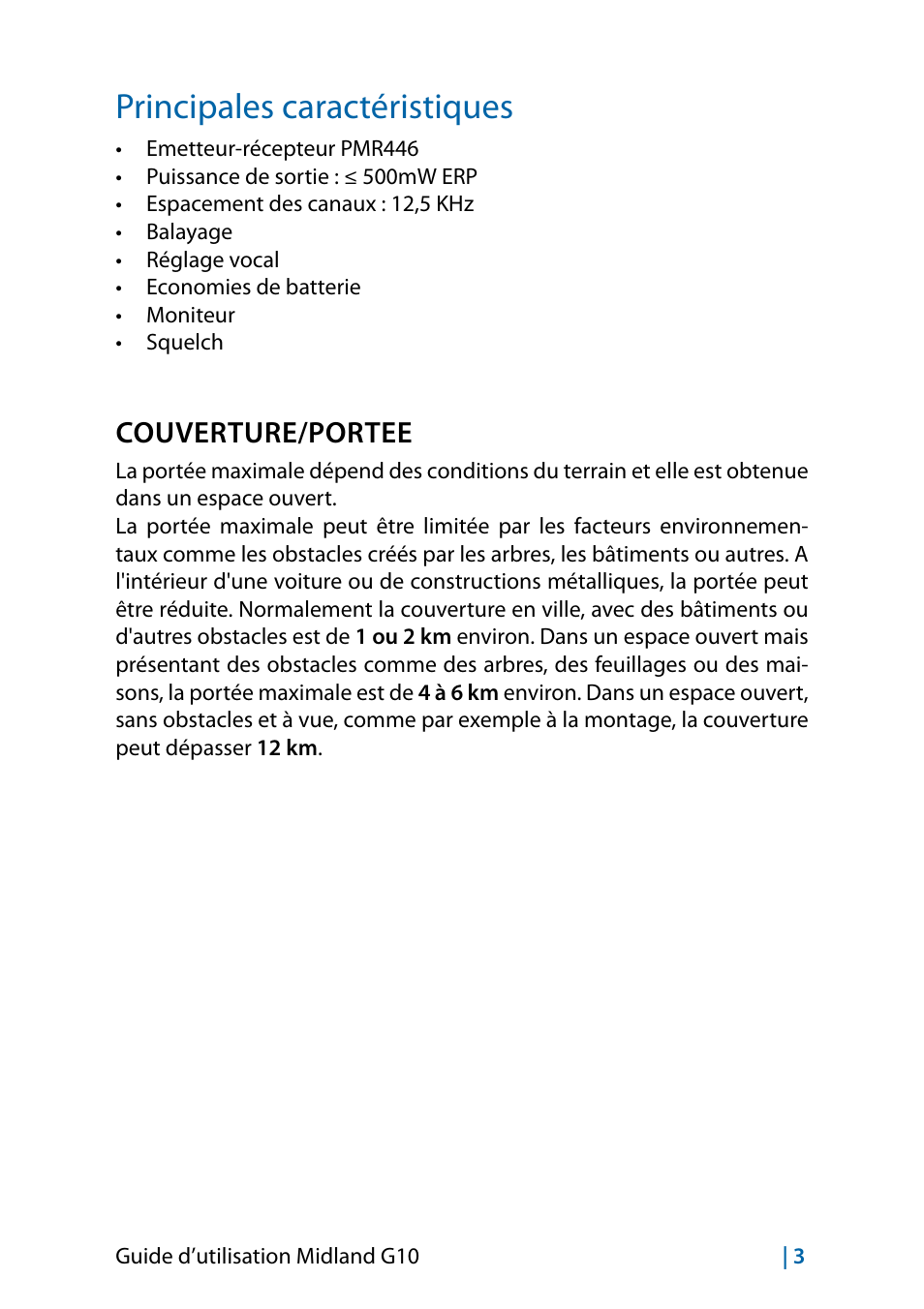 Principales caractéristiques, Couverture/portee | MIDLAND G10 User Manual | Page 77 / 98