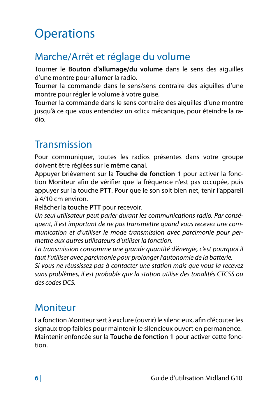 Operations, Marche/arrêt et réglage du volume, Transmission | Moniteur | MIDLAND G10 User Manual | Page 80 / 98