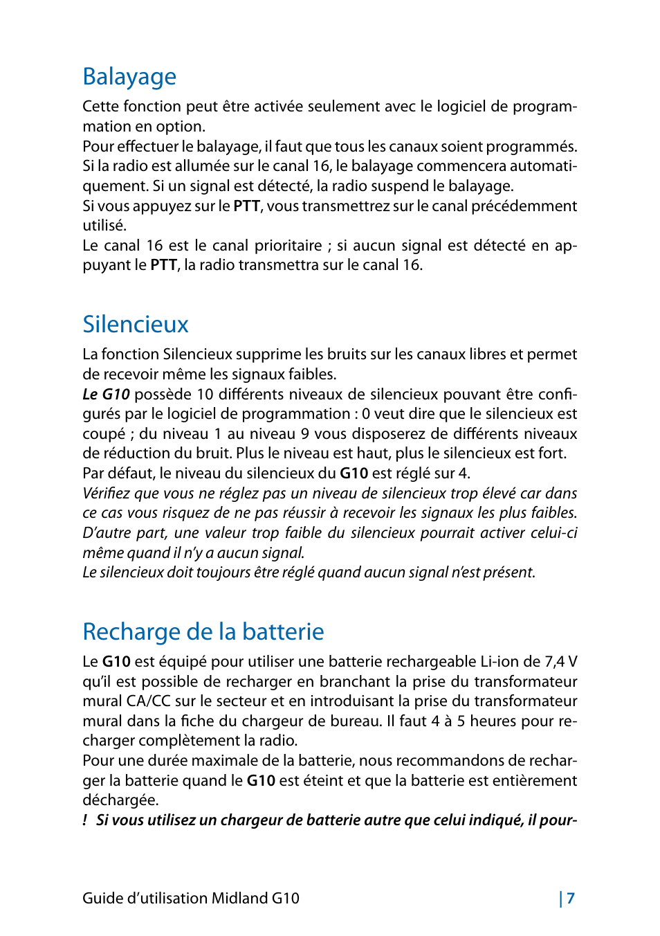 Balayage, Silencieux, Recharge de la batterie | MIDLAND G10 User Manual | Page 81 / 98
