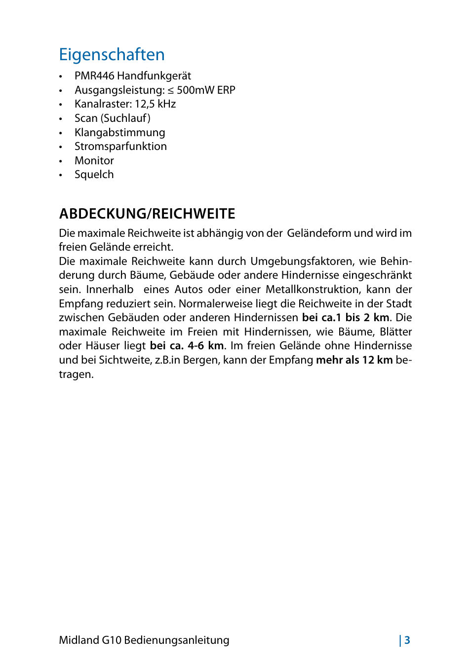 Eigenschaften, Abdeckung/reichweite | MIDLAND G10 User Manual | Page 89 / 98