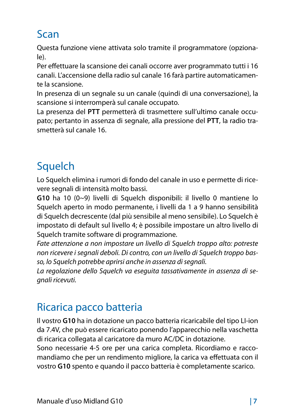 Scan, Squelch, Ricarica pacco batteria | MIDLAND G10 User Manual | Page 9 / 98