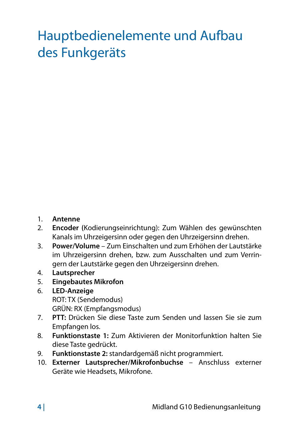 Hauptbedienelemente und aufbau des funkgeräts | MIDLAND G10 User Manual | Page 90 / 98
