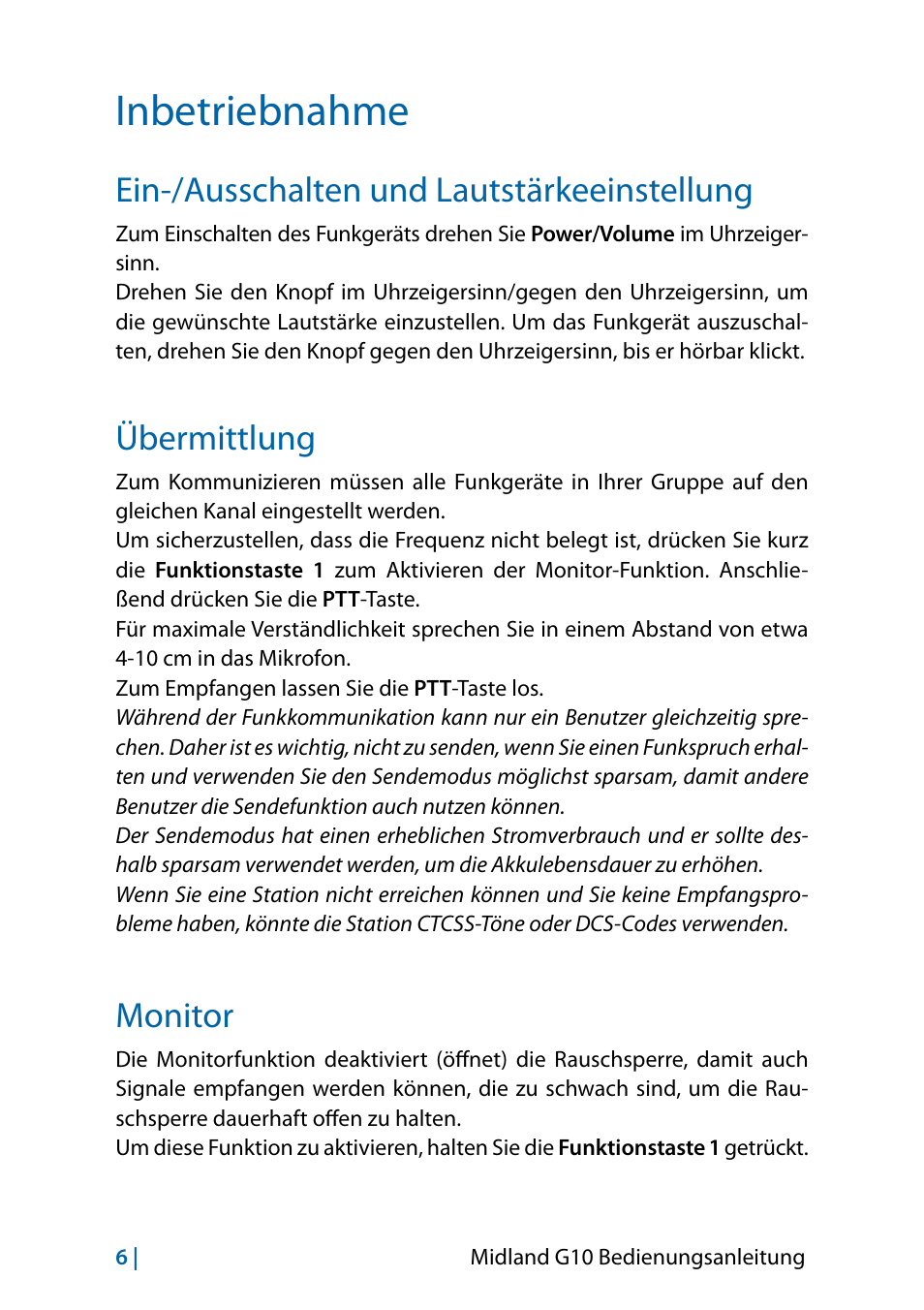Inbetriebnahme, Ein-/ausschalten und lautstärkeeinstellung, Übermittlung | Monitor | MIDLAND G10 User Manual | Page 92 / 98
