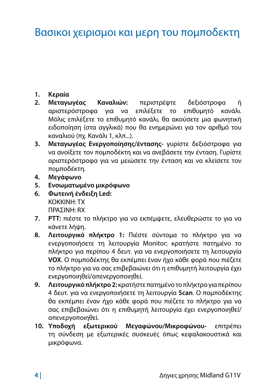 Βασικοι χειρισμοι και μερη του πομποδεκτη | MIDLAND G11V User Manual | Page 100 / 128