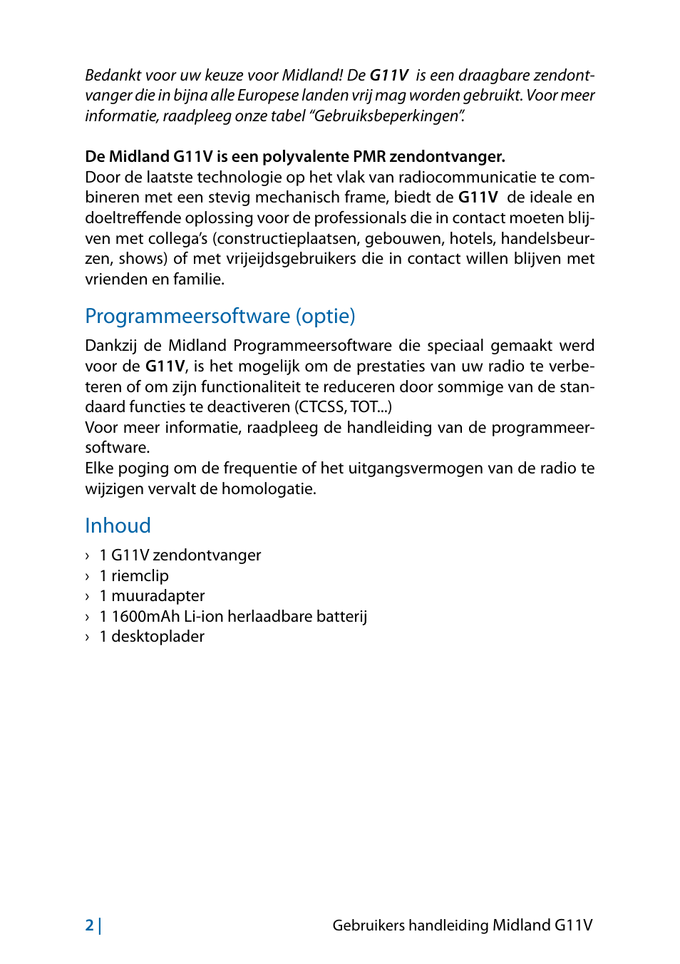 Programmeersoftware (optie), Inhoud, Inhoud 2 | MIDLAND G11V User Manual | Page 114 / 128
