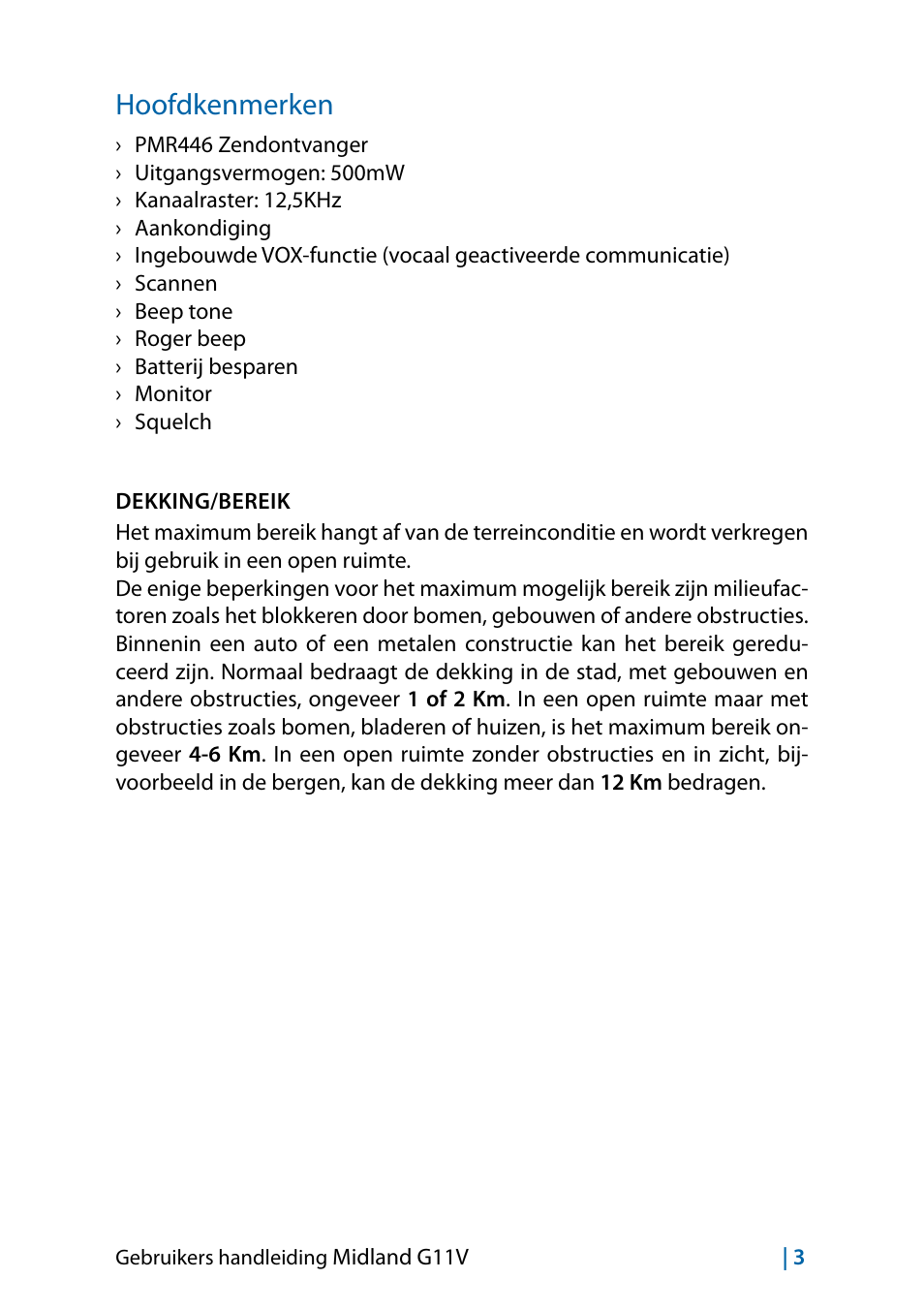Hoofdkenmerken, Hoofdkenmerken 3 | MIDLAND G11V User Manual | Page 115 / 128