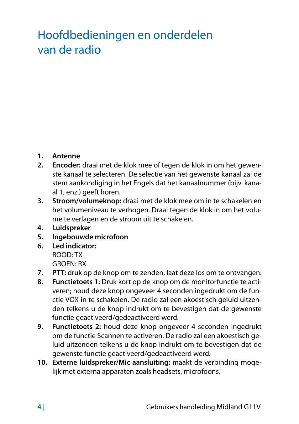 Hoofdbedieningen en onderdelen van de radio | MIDLAND G11V User Manual | Page 116 / 128