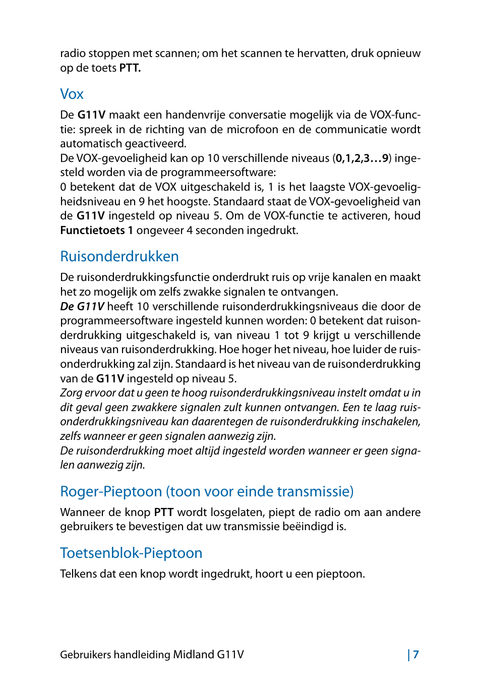 Ruisonderdrukken, Roger-pieptoon (toon voor einde transmissie), Toetsenblok-pieptoon | Toetsenblok-pieptoon 7 | MIDLAND G11V User Manual | Page 119 / 128