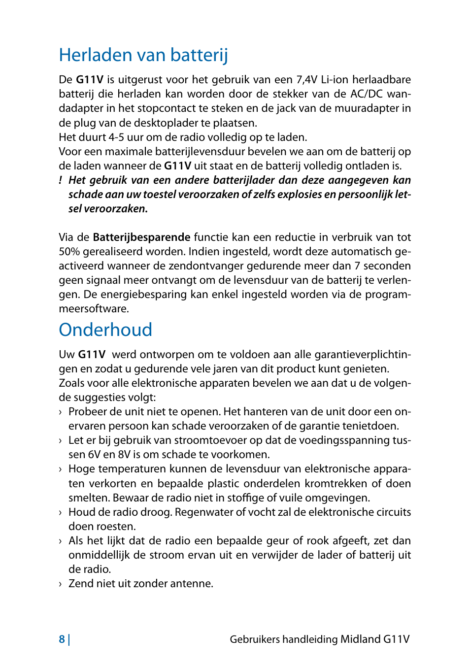 Herladen van batterij, Onderhoud, Onderhoud 8 | MIDLAND G11V User Manual | Page 120 / 128