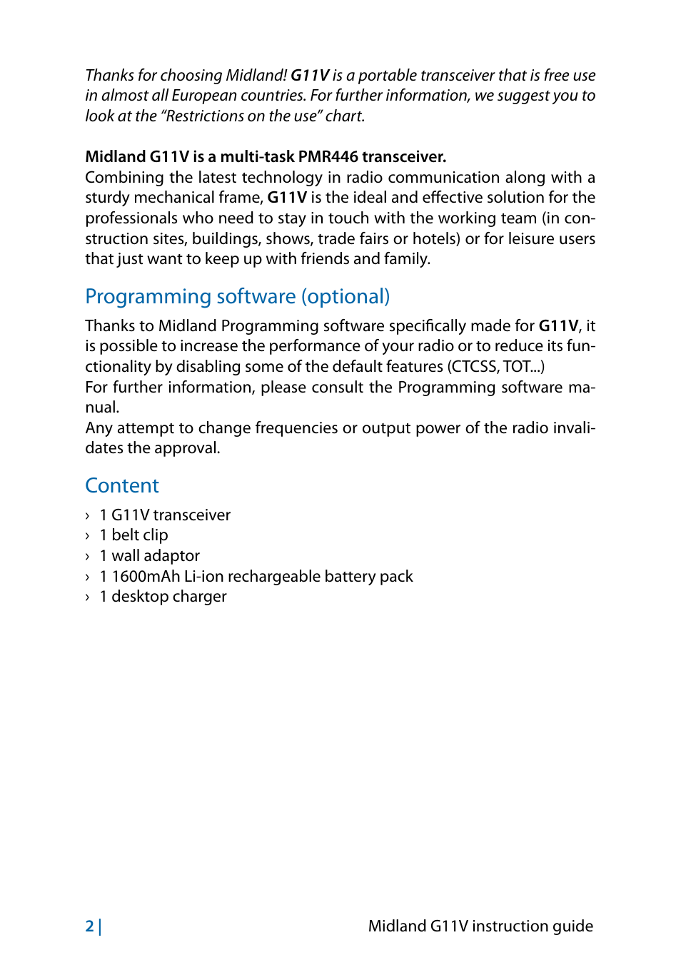 Programming software (optional), Content, Content 2 | MIDLAND G11V User Manual | Page 20 / 128