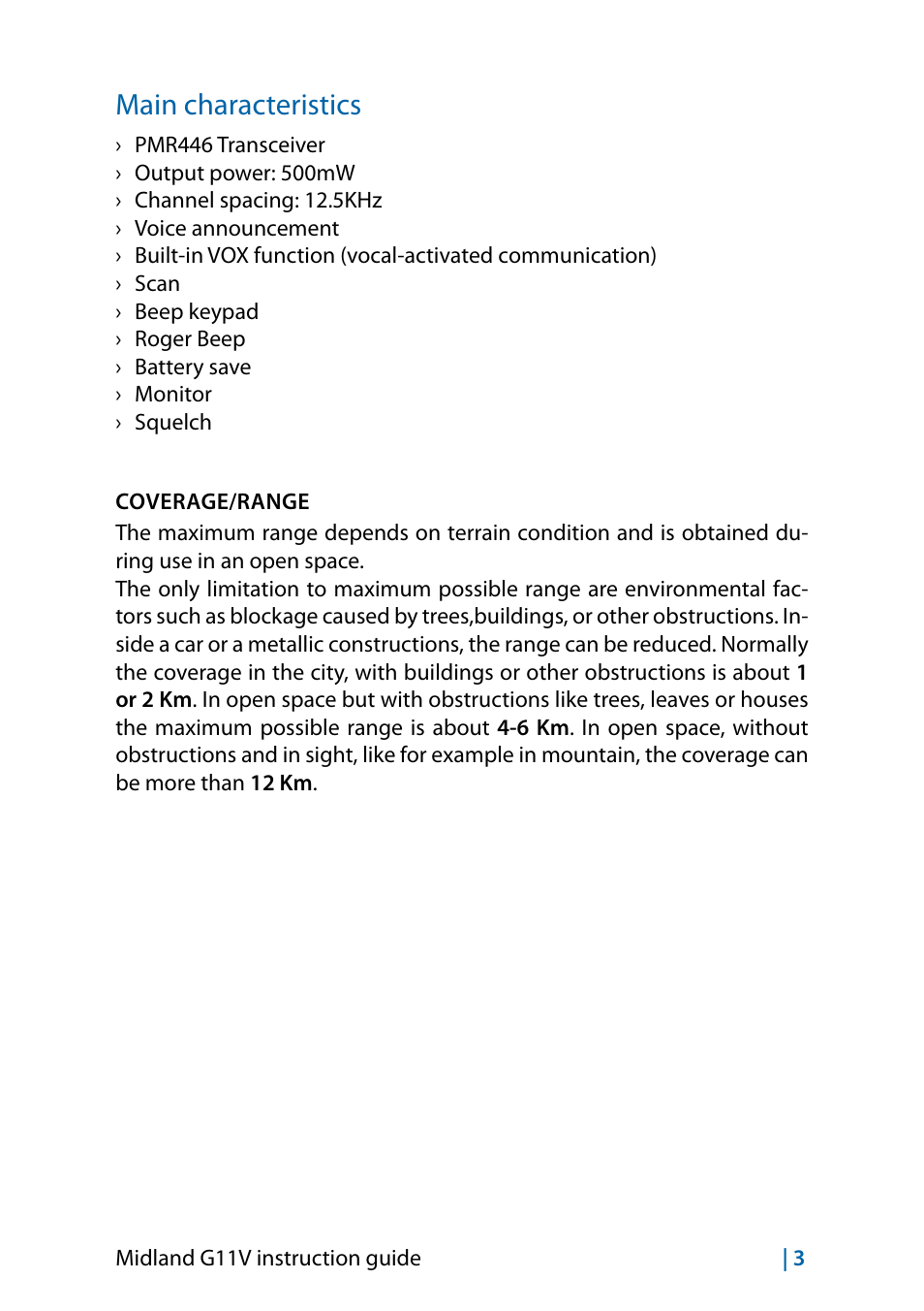 Main characteristics | MIDLAND G11V User Manual | Page 21 / 128