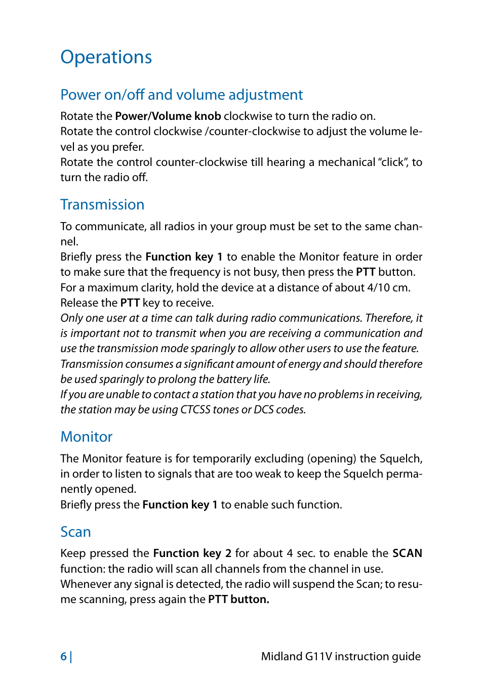 Operations, Power on/off and volume adjustment, Transmission | Monitor, Scan, Operations 6, Transmission 6 monitor 6 scan 6 | MIDLAND G11V User Manual | Page 24 / 128
