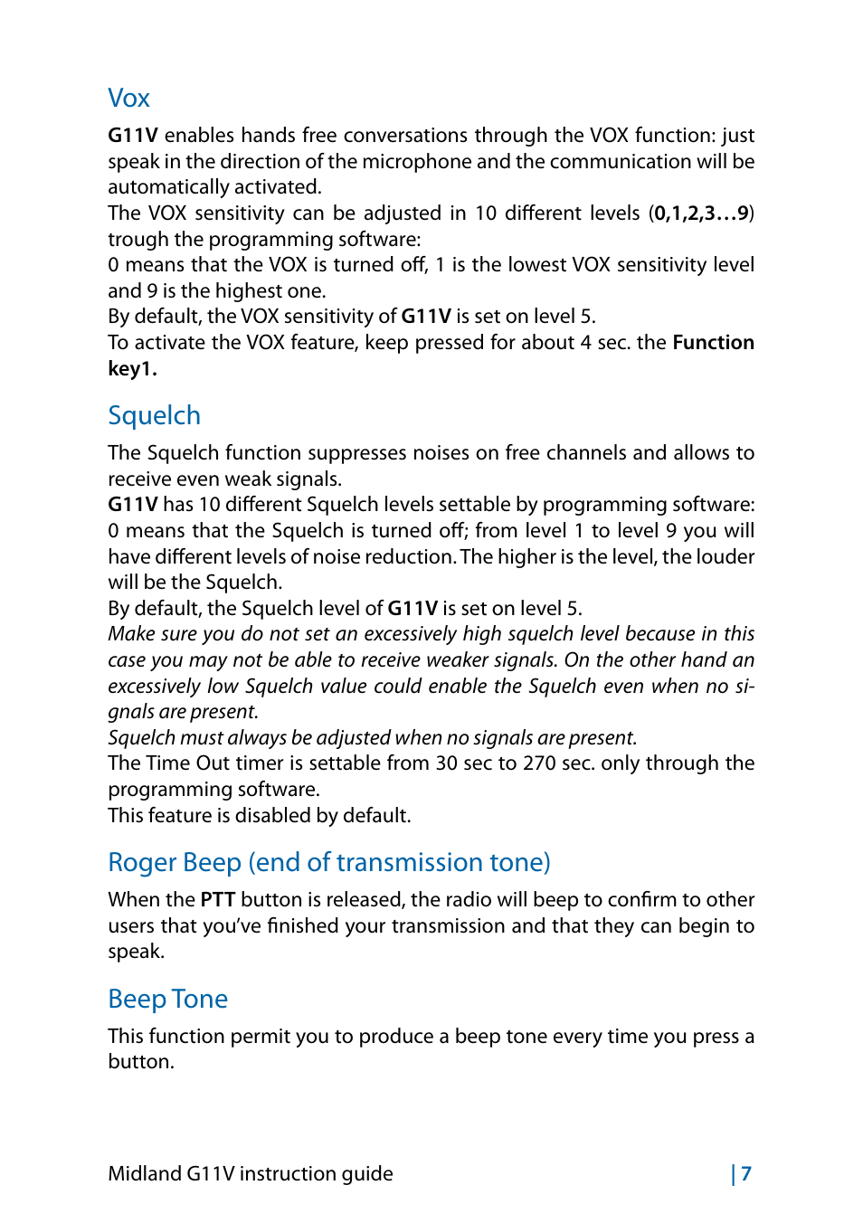 Squelch, Roger beep (end of transmission tone), Beep tone | MIDLAND G11V User Manual | Page 25 / 128