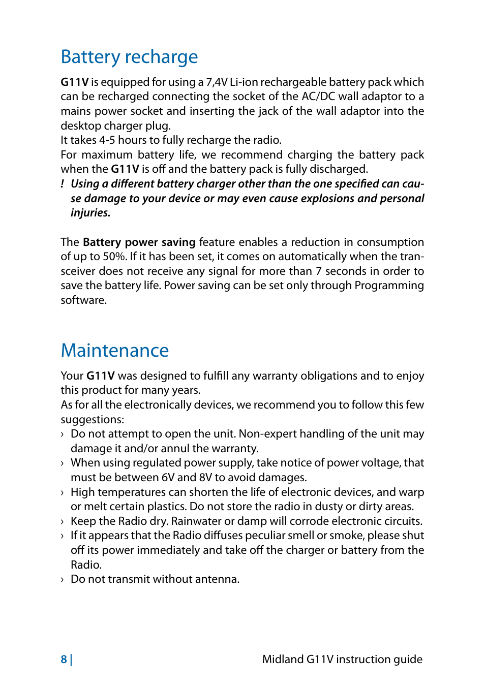 Battery recharge, Maintenance, Maintenance 8 | MIDLAND G11V User Manual | Page 26 / 128