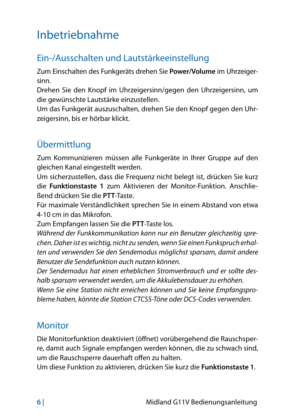 Inbetriebnahme, Ein-/ausschalten und lautstärkeeinstellung, Übermittlung | Monitor, Inbetriebnahme 6, Übermittlung 6 monitor 6 | MIDLAND G11V User Manual | Page 38 / 128
