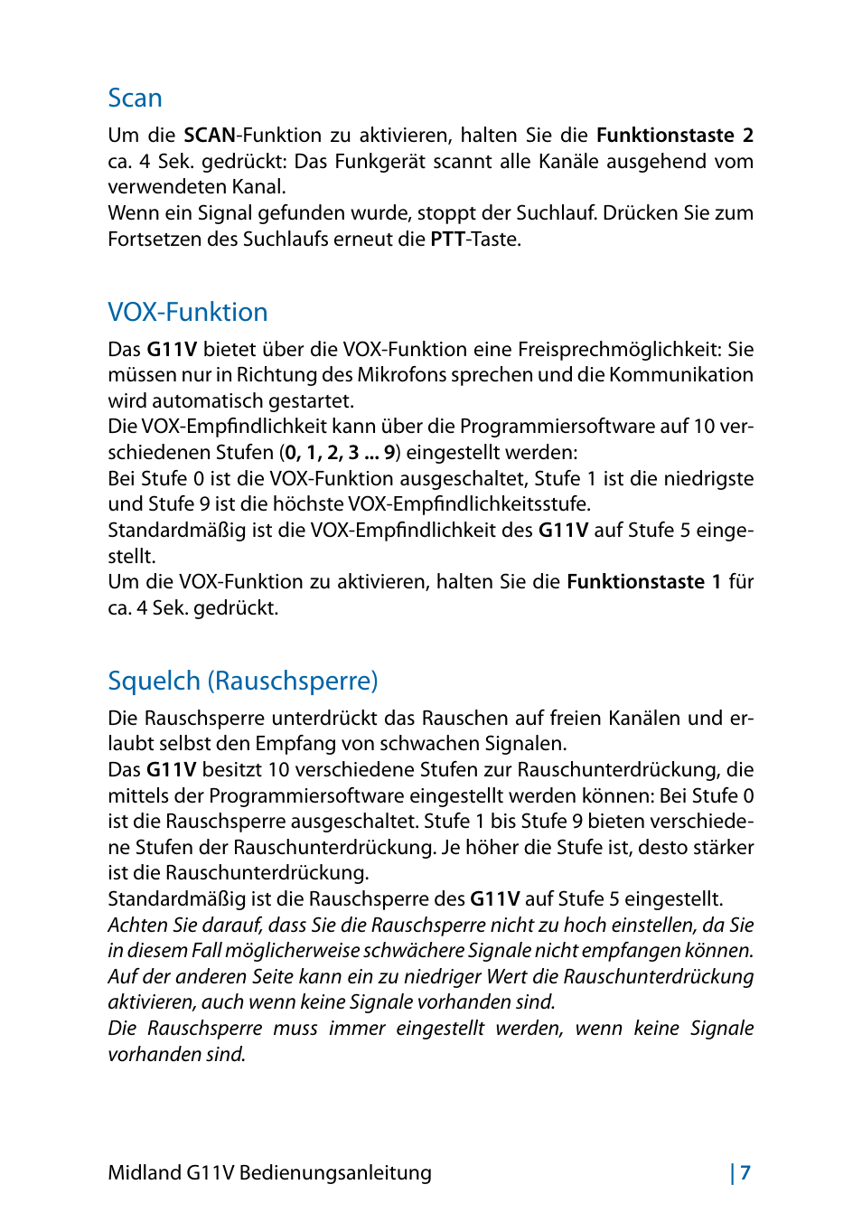 Scan, Vox-funktion, Squelch (rauschsperre) | Scan 7 vox-funktion 7 squelch (rauschsperre) | MIDLAND G11V User Manual | Page 39 / 128