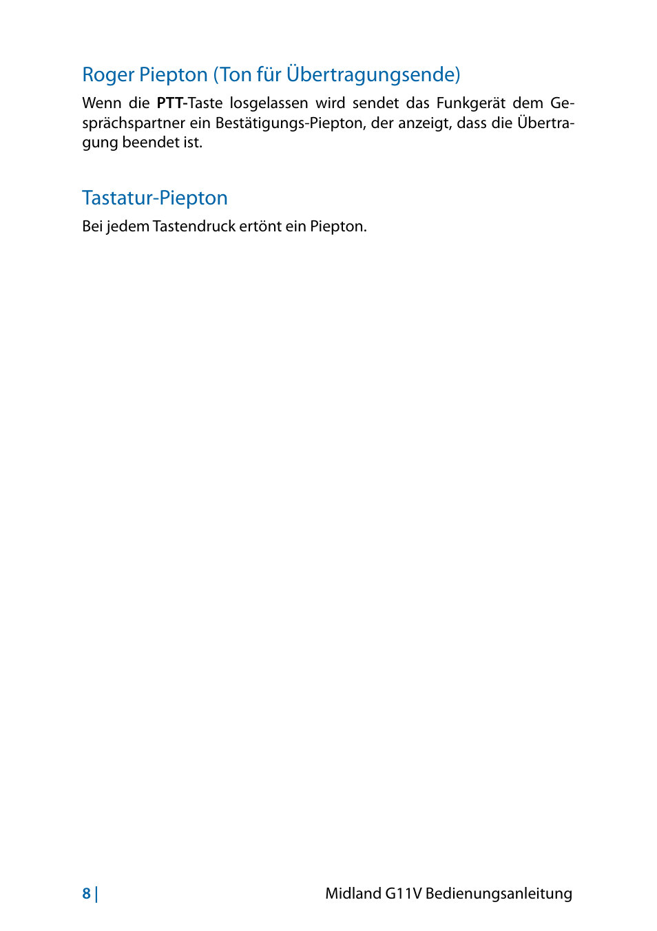 Roger piepton (ton für übertragungsende), Tastatur-piepton, Tastatur-piepton 8 | MIDLAND G11V User Manual | Page 40 / 128