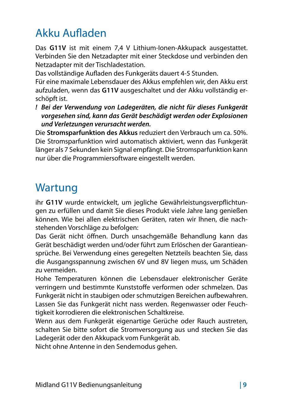 Akku aufladen, Wartung, Wartung 9 | MIDLAND G11V User Manual | Page 41 / 128