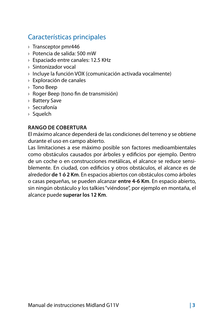 Características principales | MIDLAND G11V User Manual | Page 51 / 128