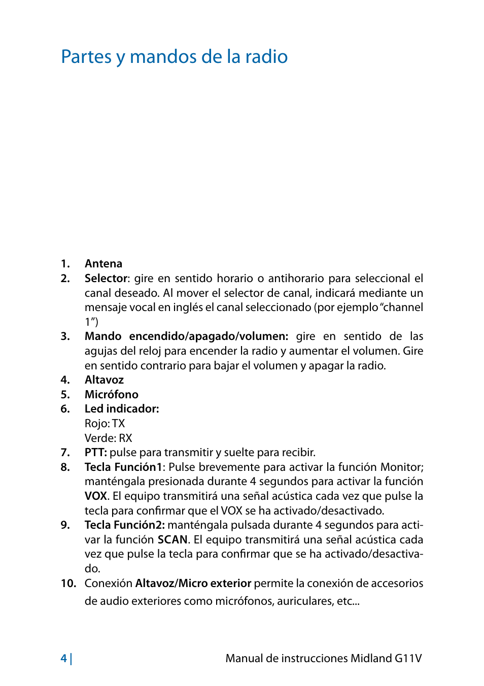 Partes y mandos de la radio | MIDLAND G11V User Manual | Page 52 / 128