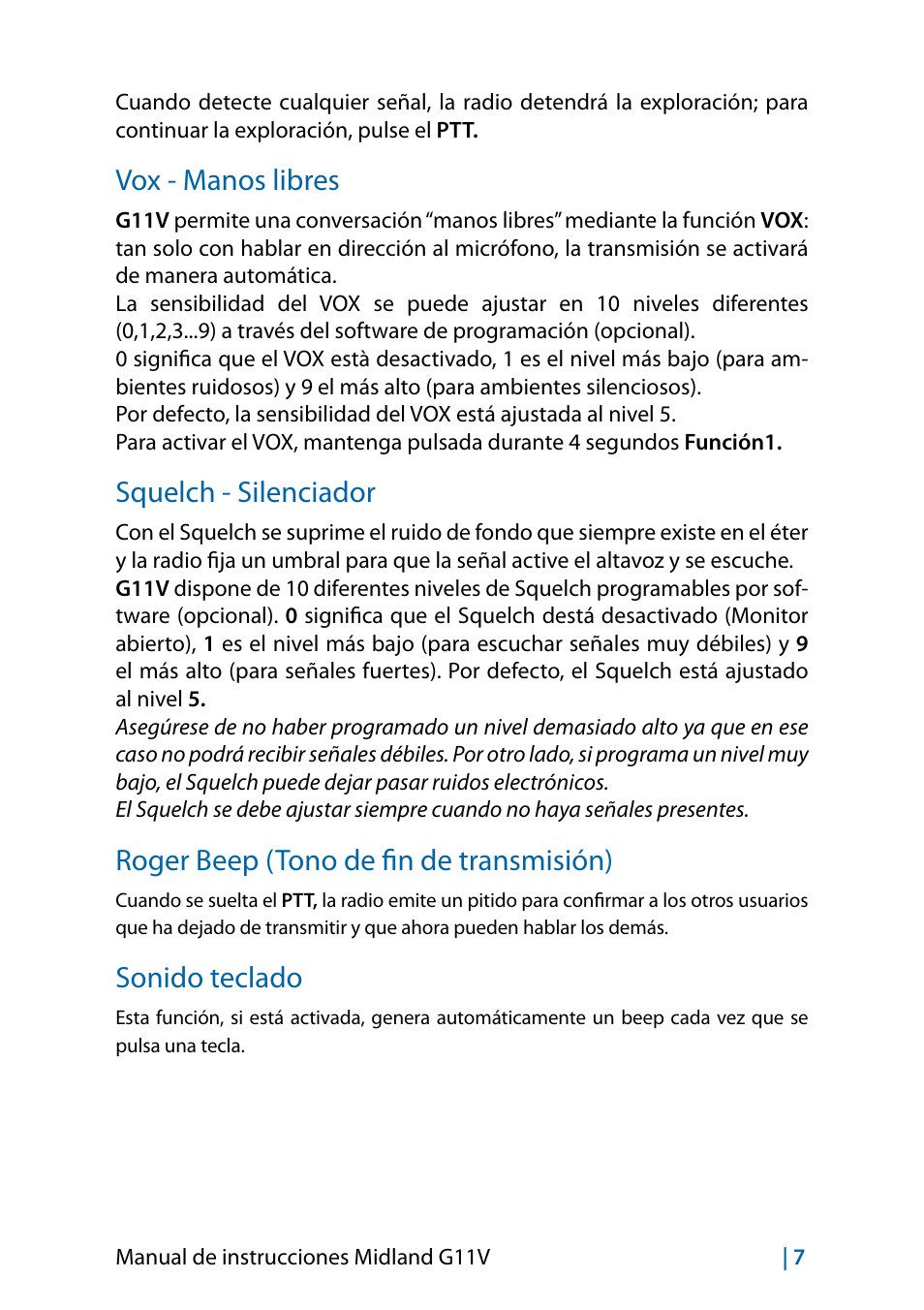 Vox - manos libres, Squelch - silenciador, Roger beep (tono de fin de transmisión) | Sonido teclado | MIDLAND G11V User Manual | Page 55 / 128