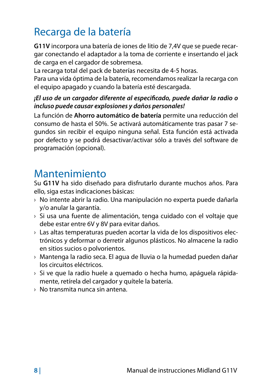 Recarga de la batería, Mantenimiento | MIDLAND G11V User Manual | Page 56 / 128