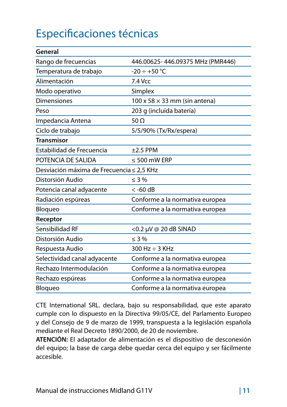 Especificaciones técnicas | MIDLAND G11V User Manual | Page 59 / 128