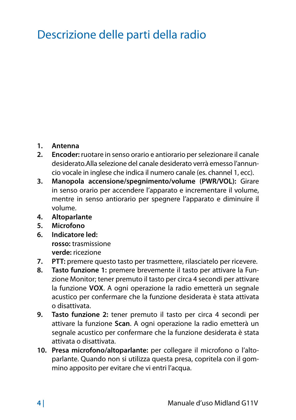Descrizione delle parti della radio | MIDLAND G11V User Manual | Page 6 / 128