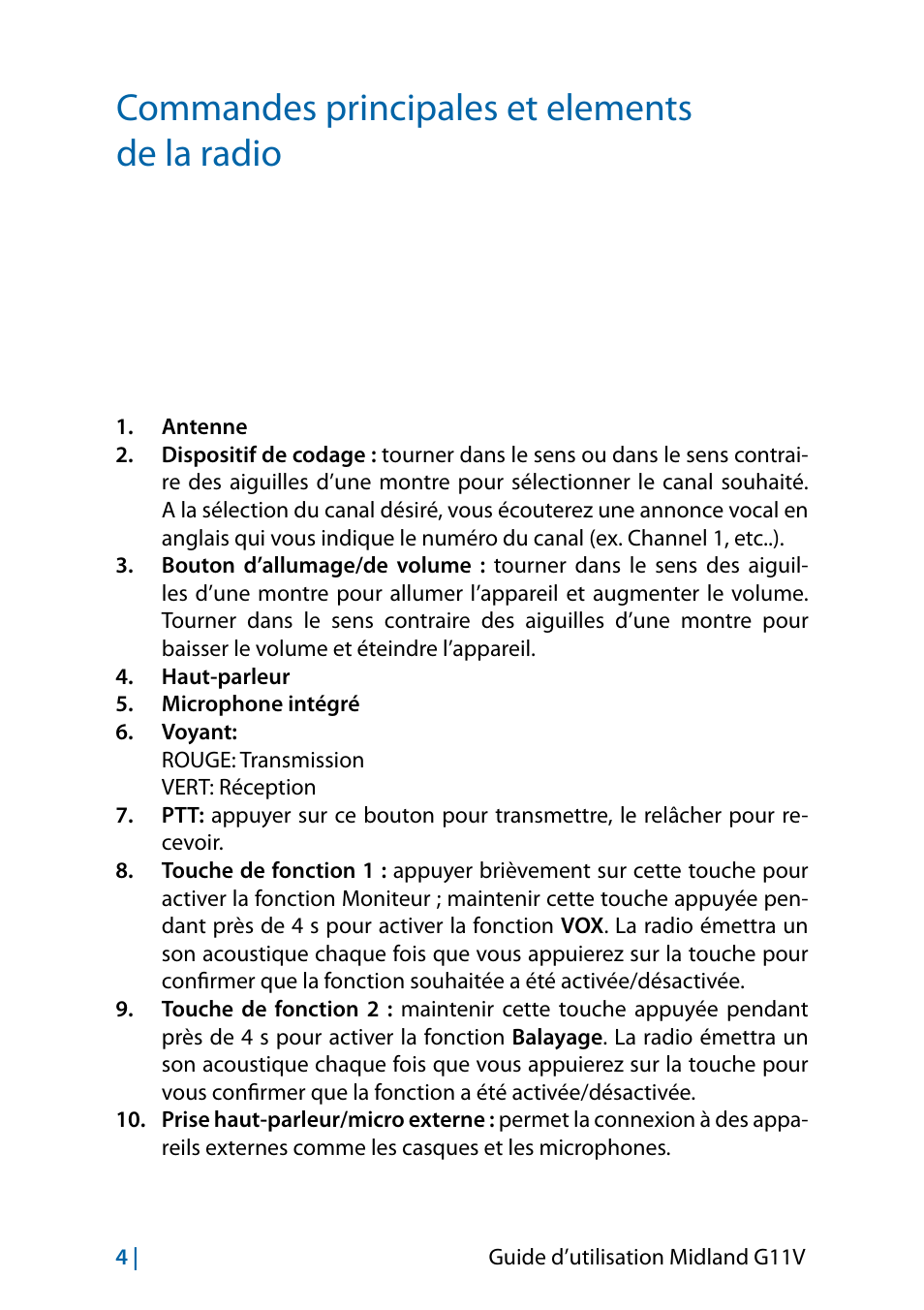 Commandes principales et elements de la radio | MIDLAND G11V User Manual | Page 68 / 128