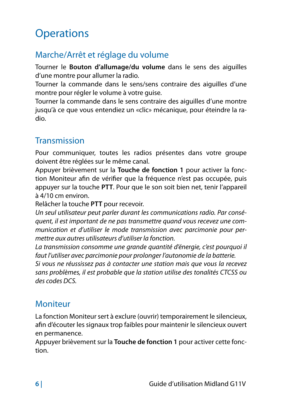 Operations, Marche/arrêt et réglage du volume, Transmission | Moniteur, Operations 6, Transmission 6 moniteur 6 | MIDLAND G11V User Manual | Page 70 / 128