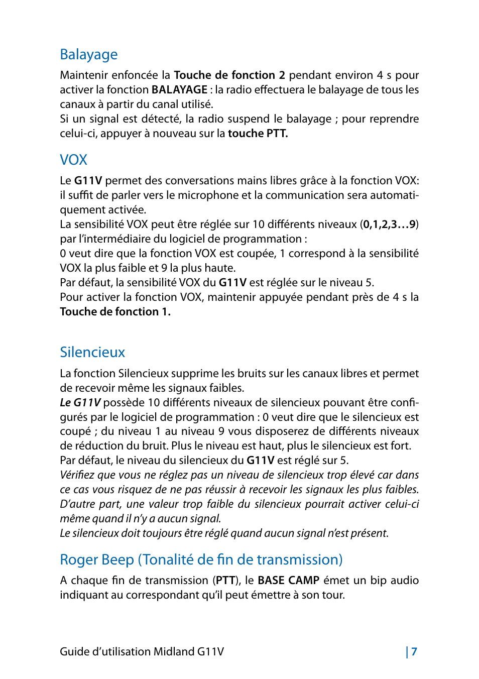 Balayage, Silencieux, Roger beep (tonalité de fin de transmission) | MIDLAND G11V User Manual | Page 71 / 128