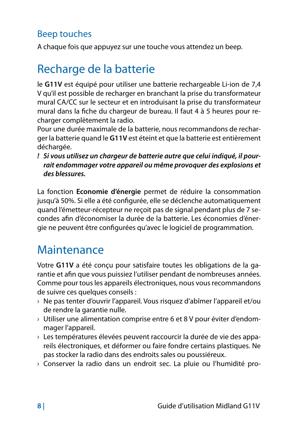Beep touches, Recharge de la batterie, Maintenance | Maintenance 8 | MIDLAND G11V User Manual | Page 72 / 128