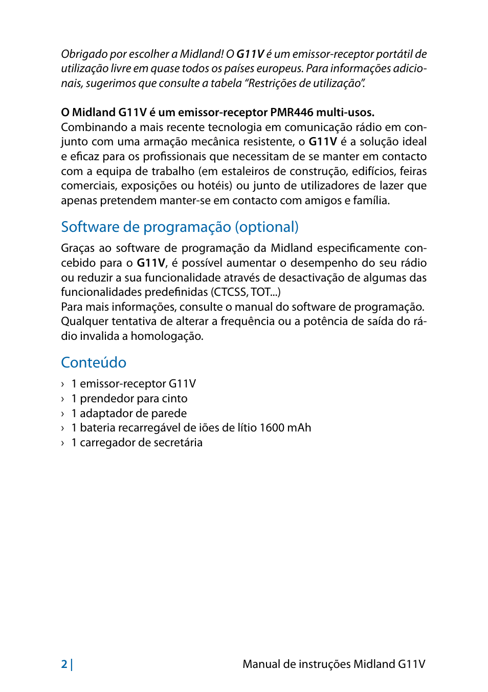 Software de programação (optional), Conteúdo, Conteúdo 2 | MIDLAND G11V User Manual | Page 82 / 128