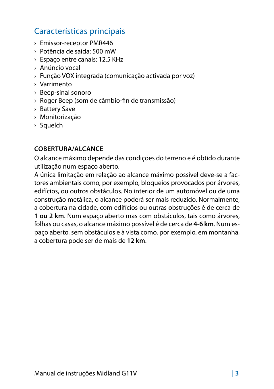 Características principais | MIDLAND G11V User Manual | Page 83 / 128