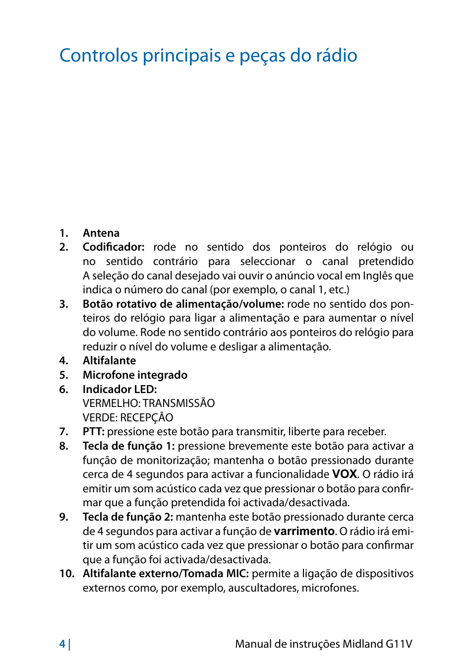 Controlos principais e peças do rádio | MIDLAND G11V User Manual | Page 84 / 128