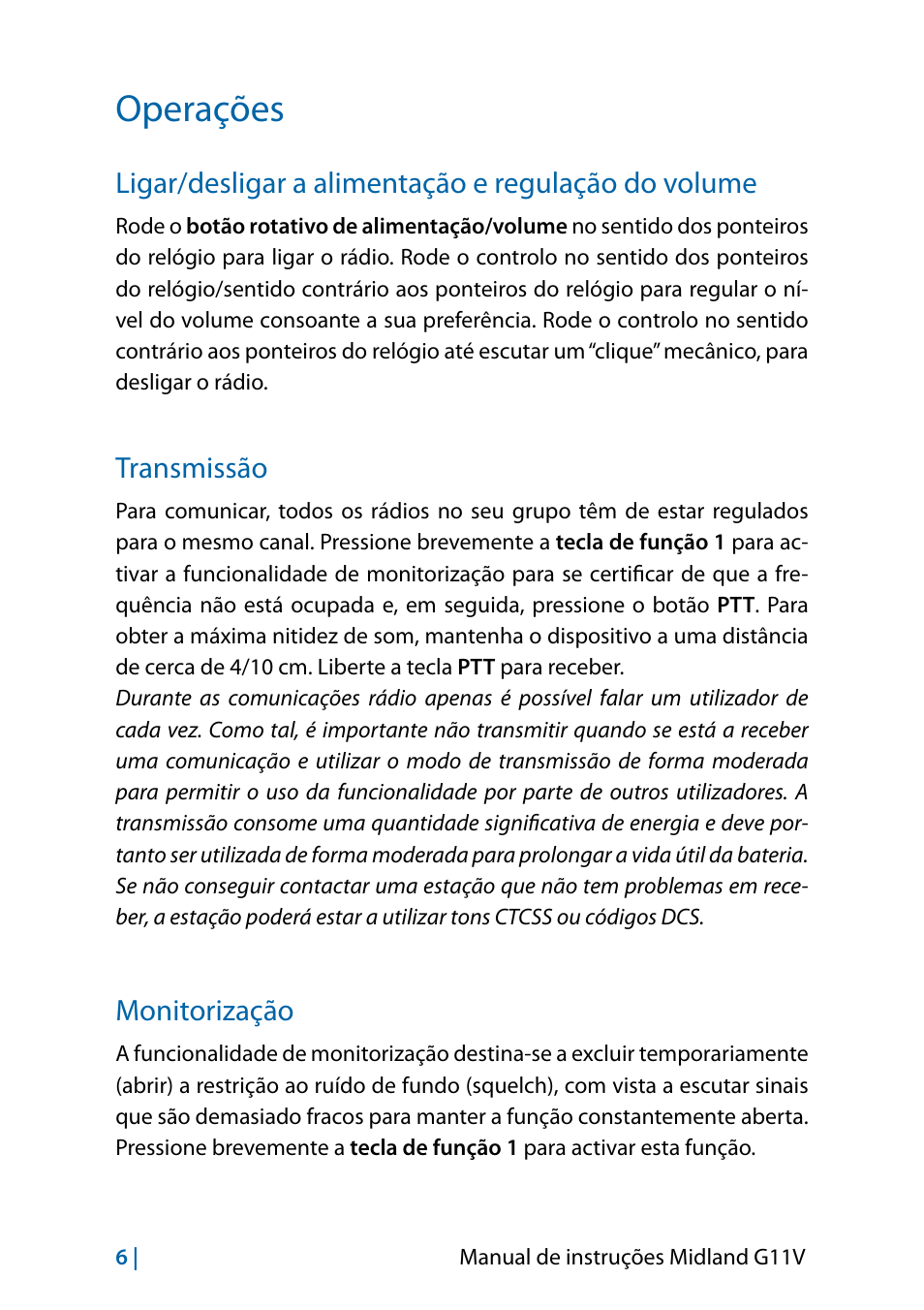 Operações, Ligar/desligar a alimentação e regulação do volume, Transmissão | Monitorização, Operações 6, Transmissão 6 monitorização 6 | MIDLAND G11V User Manual | Page 86 / 128