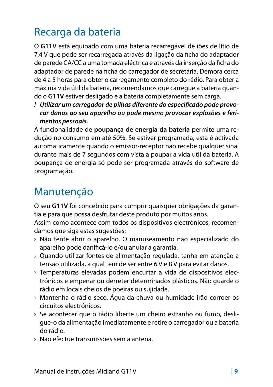 Recarga da bateria, Manutenção, Manutenção 9 | MIDLAND G11V User Manual | Page 89 / 128
