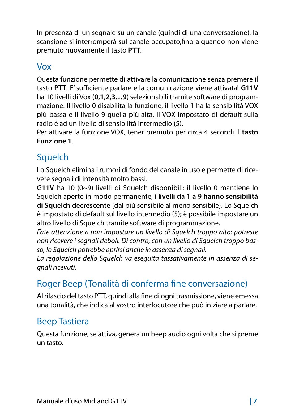 Squelch, Beep tastiera | MIDLAND G11V User Manual | Page 9 / 128