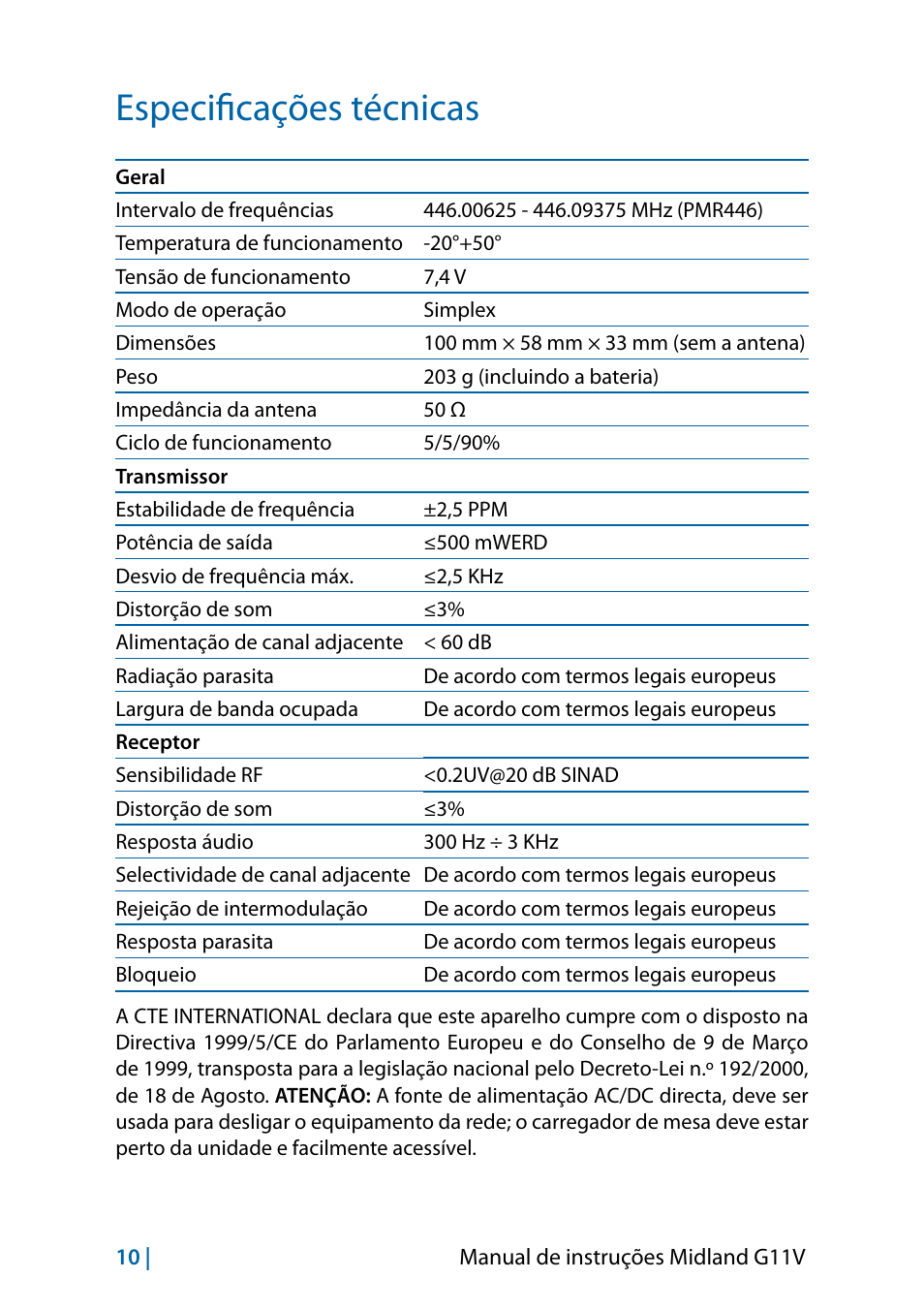 Especificações técnicas | MIDLAND G11V User Manual | Page 90 / 128