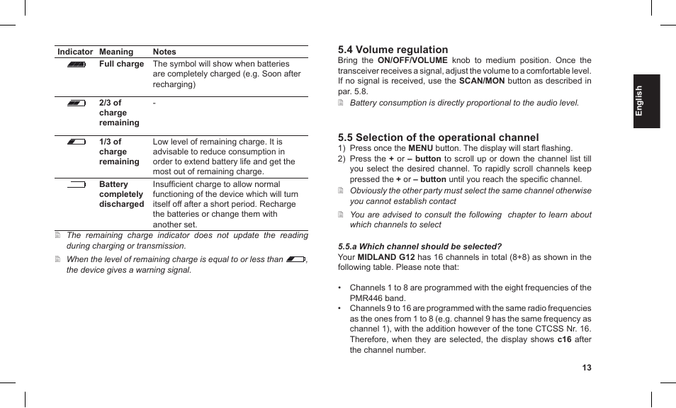 4 volume regulation, 5 selection of the operational channel | MIDLAND G12 User Manual | Page 13 / 32