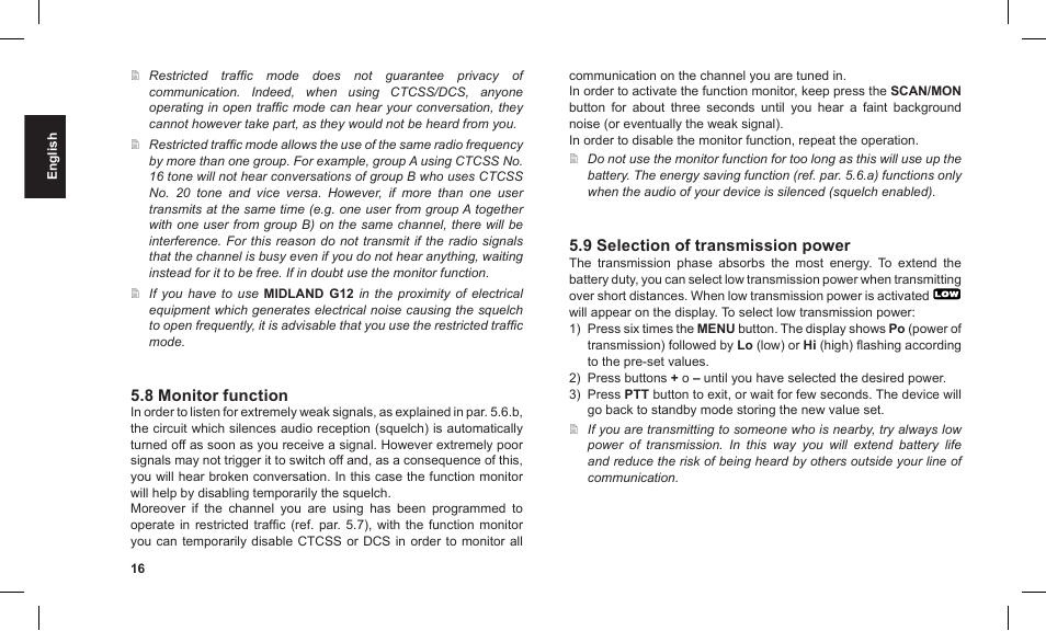 8 monitor function, 9 selection of transmission power | MIDLAND G12 User Manual | Page 16 / 32