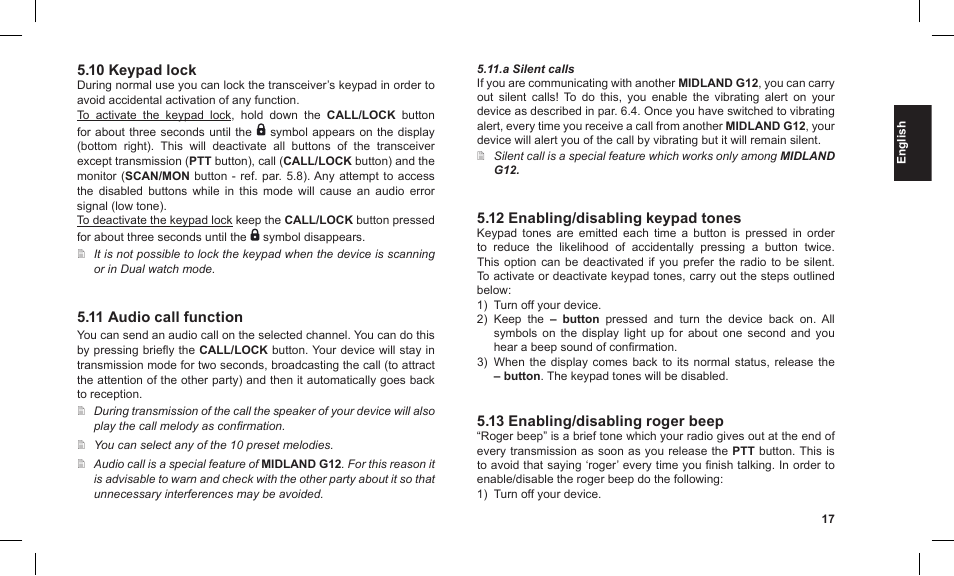 0 keypad lock,  audio call function, 2 enabling/disabling keypad tones | 3 enabling/disabling roger beep | MIDLAND G12 User Manual | Page 17 / 32
