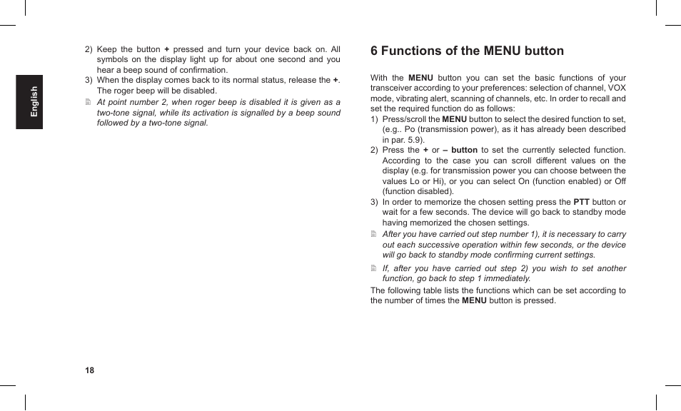 6 functions of the menu button | MIDLAND G12 User Manual | Page 18 / 32