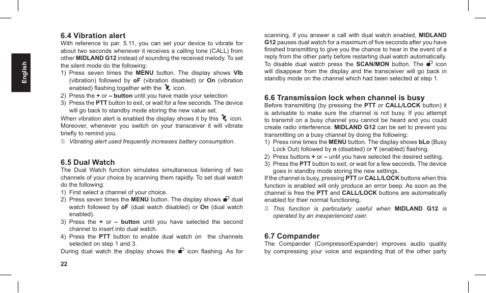 4 vibration alert, 5 dual watch, 6 transmission lock when channel is busy | 7 compander | MIDLAND G12 User Manual | Page 22 / 32