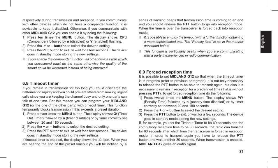 8 timeout timer, 9 forced reception time | MIDLAND G12 User Manual | Page 23 / 32