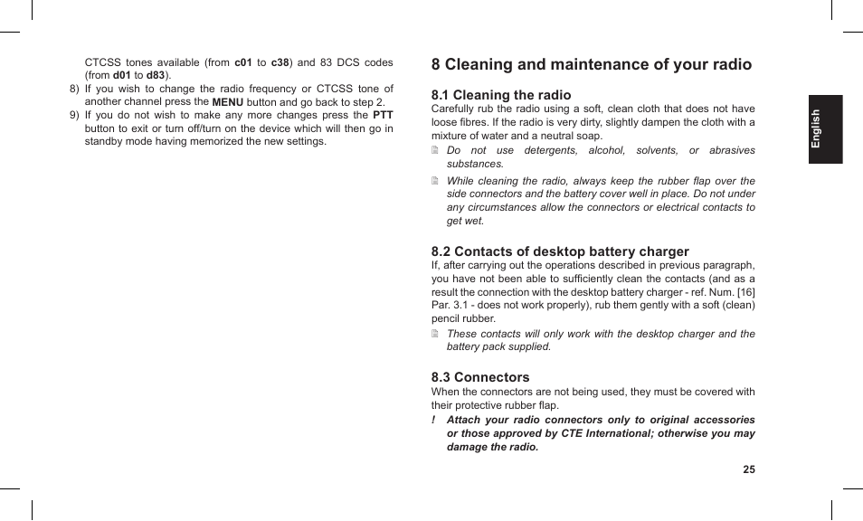 8 cleaning and maintenance of your radio,  cleaning the radio, 2 contacts of desktop battery charger | 3 connectors | MIDLAND G12 User Manual | Page 25 / 32